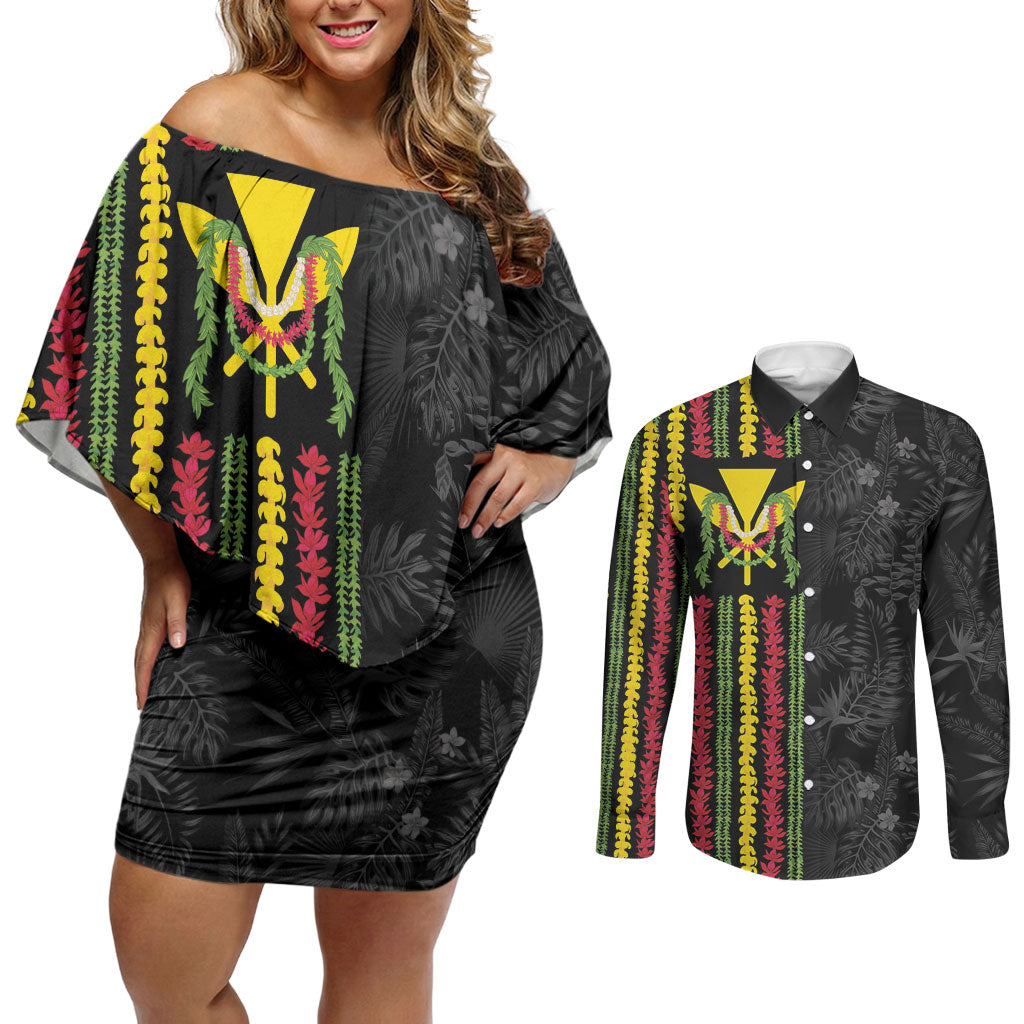 Hawaii Lei Kanaka Maoli Flag Couples Matching Off Shoulder Short Dress and Long Sleeve Button Shirt Tropical Vibes LT05 Black - Polynesian Pride