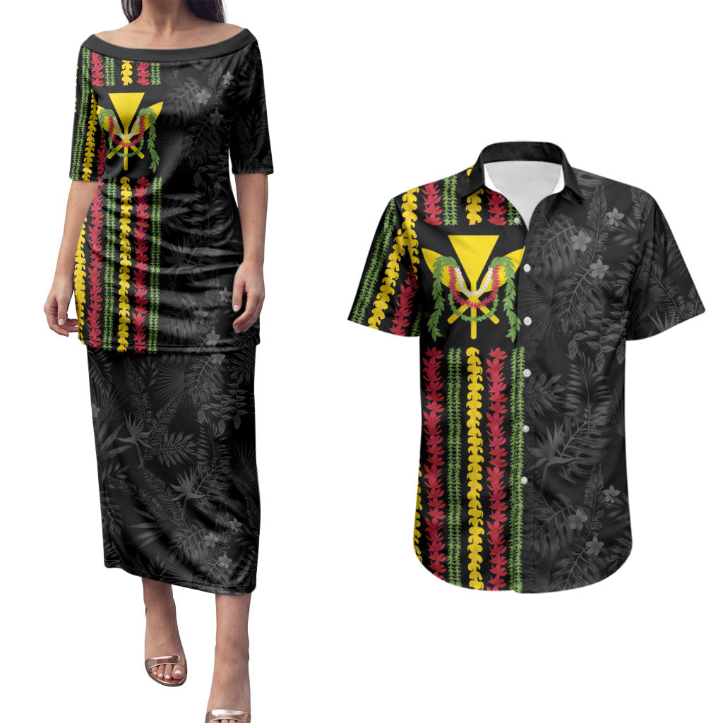 Hawaii Lei Kanaka Maoli Flag Couples Matching Puletasi and Hawaiian Shirt Tropical Vibes LT05 Black - Polynesian Pride