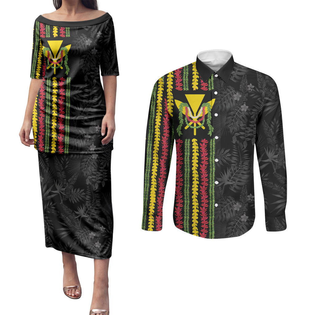 Hawaii Lei Kanaka Maoli Flag Couples Matching Puletasi and Long Sleeve Button Shirt Tropical Vibes LT05 Black - Polynesian Pride