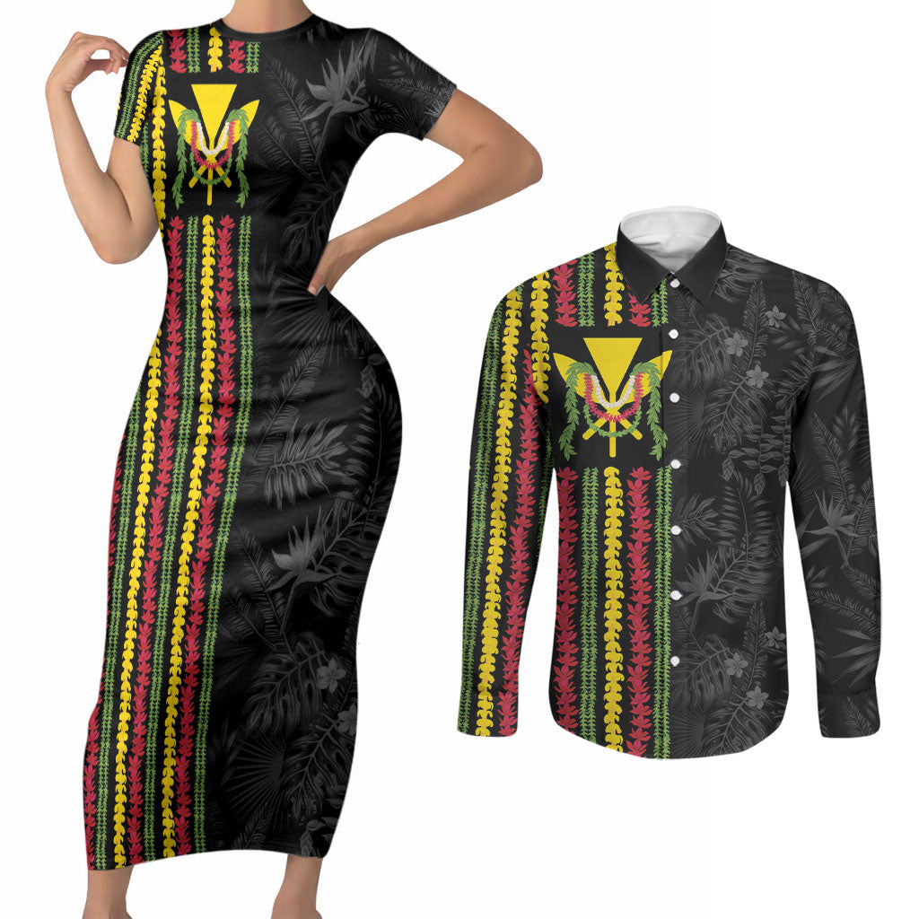 Hawaii Lei Kanaka Maoli Flag Couples Matching Short Sleeve Bodycon Dress and Long Sleeve Button Shirt Tropical Vibes LT05 Black - Polynesian Pride