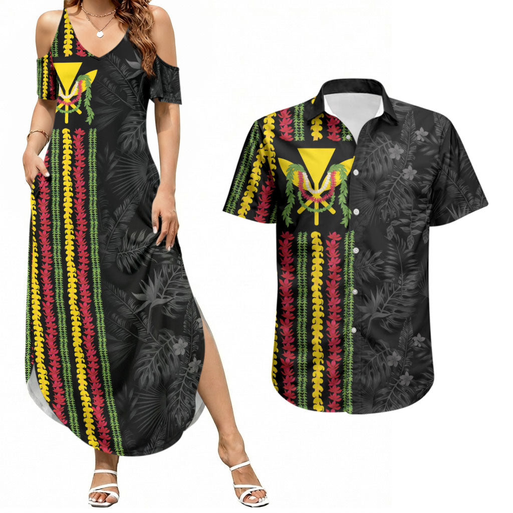 Hawaii Lei Kanaka Maoli Flag Couples Matching Summer Maxi Dress and Hawaiian Shirt Tropical Vibes LT05 Black - Polynesian Pride