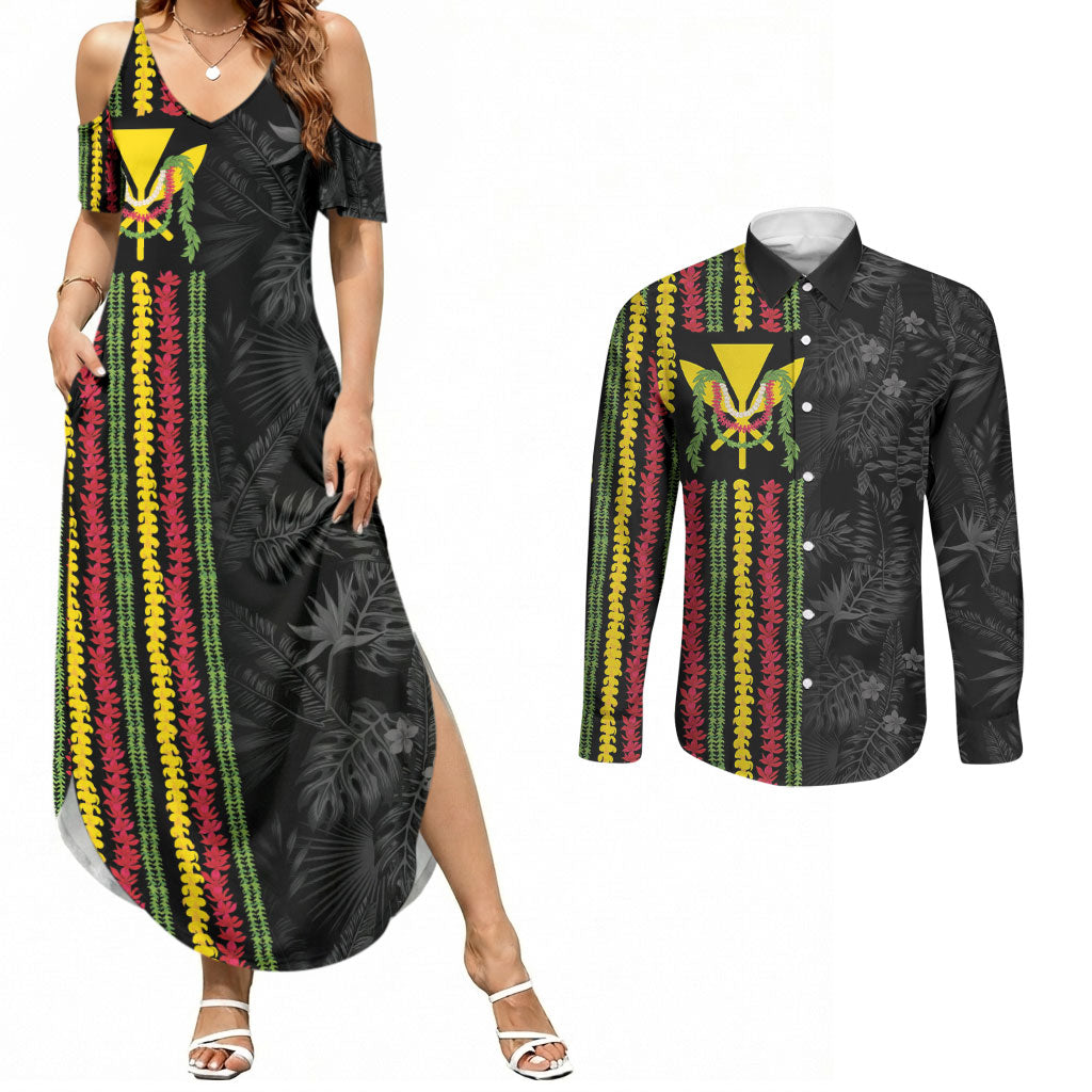 Hawaii Lei Kanaka Maoli Flag Couples Matching Summer Maxi Dress and Long Sleeve Button Shirt Tropical Vibes LT05 Black - Polynesian Pride