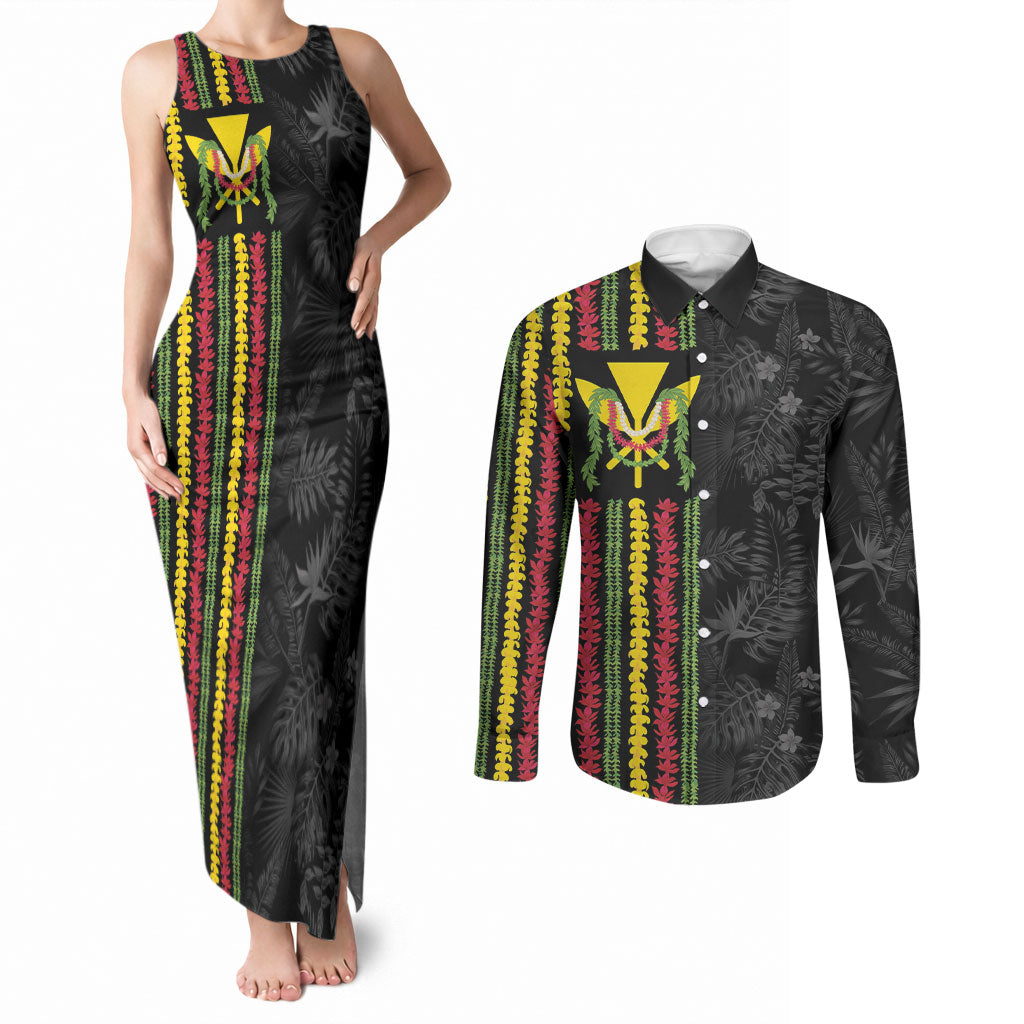 Hawaii Lei Kanaka Maoli Flag Couples Matching Tank Maxi Dress and Long Sleeve Button Shirt Tropical Vibes LT05 Black - Polynesian Pride