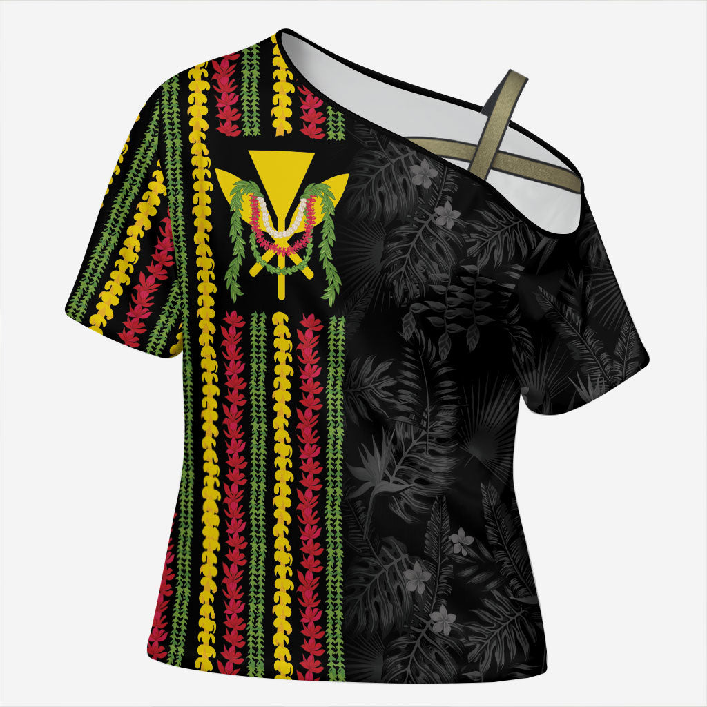 Hawaii Lei Kanaka Maoli Flag Cross Shoulder Shirt Tropical Vibes LT05 Female Black - Polynesian Pride