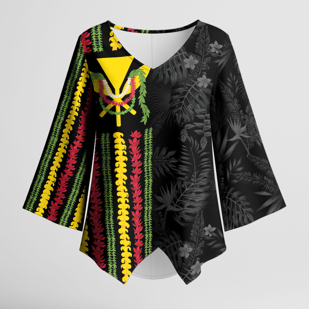 Hawaii Lei Kanaka Maoli Flag Kimono Sleeve Blouse Tropical Vibes LT05 Female Black - Polynesian Pride