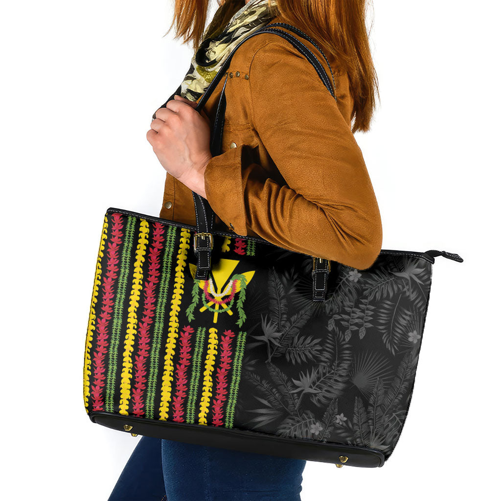 Hawaii Lei Kanaka Maoli Flag Leather Tote Bag Tropical Vibes LT05 Black - Polynesian Pride