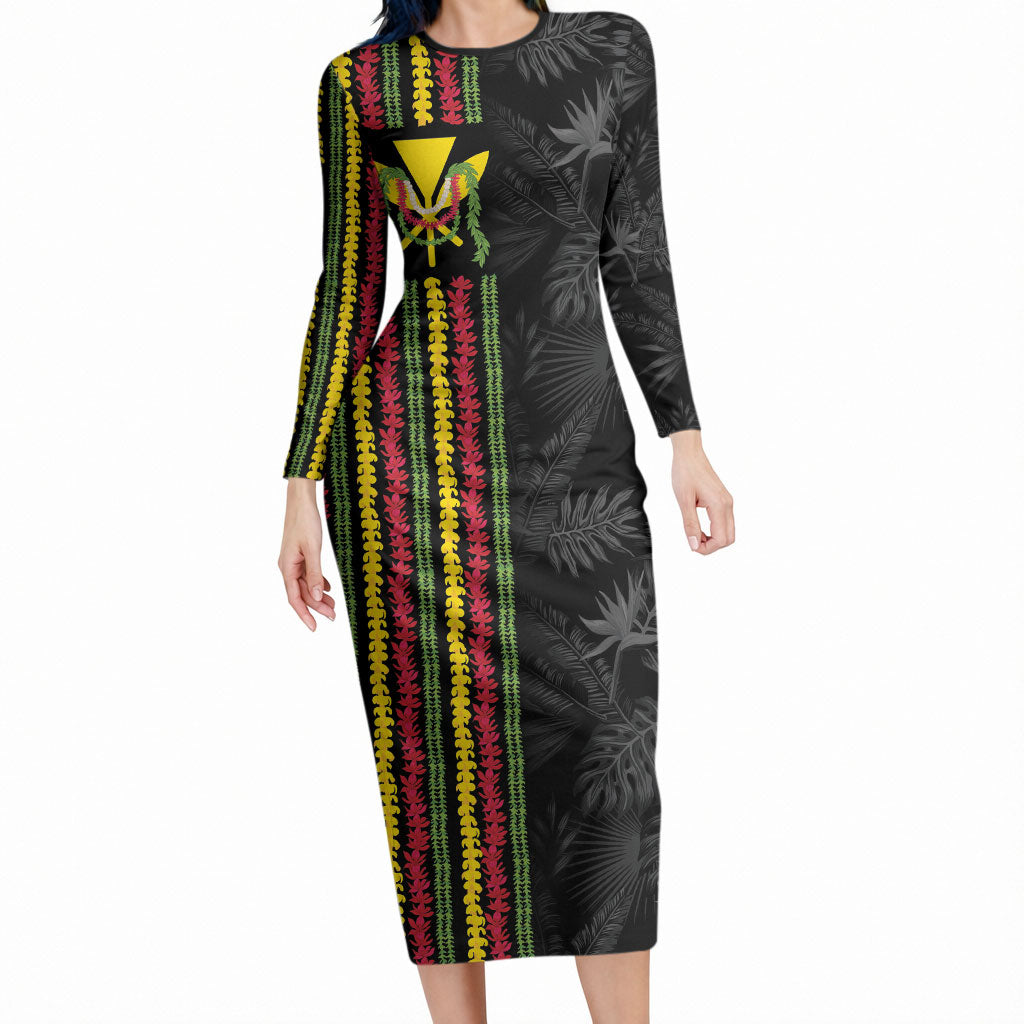 Hawaii Lei Kanaka Maoli Flag Long Sleeve Bodycon Dress Tropical Vibes LT05 Long Dress Black - Polynesian Pride