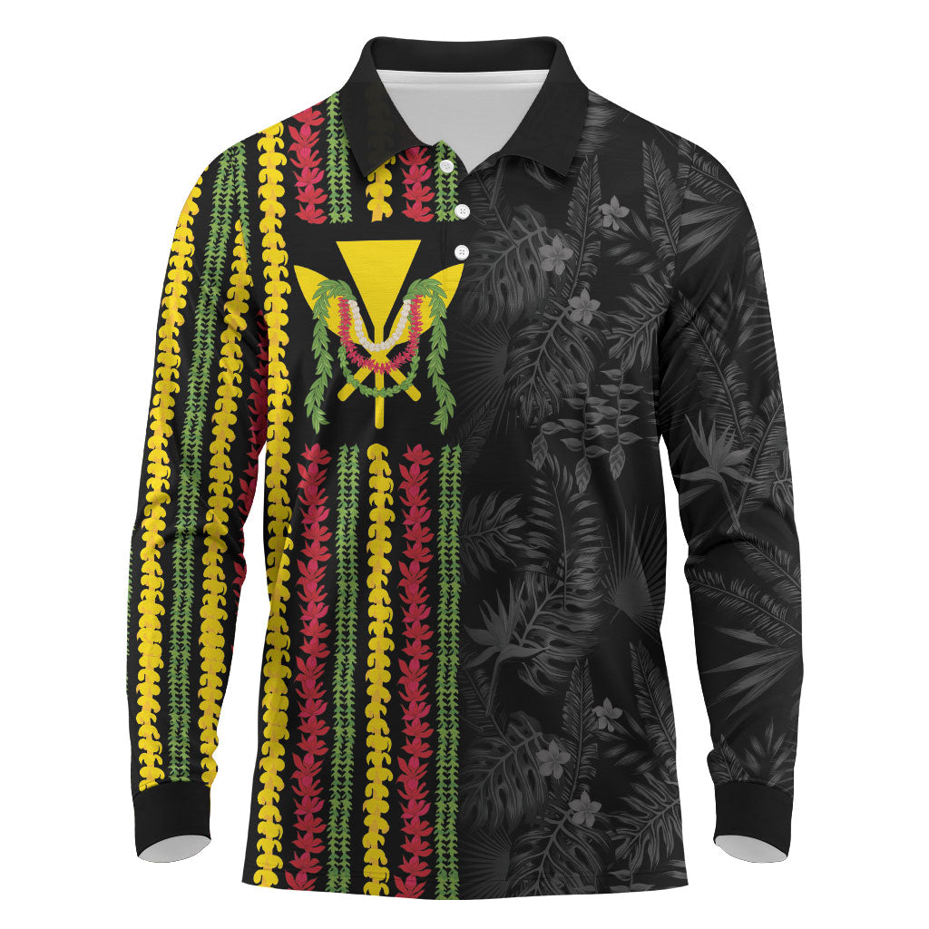 Hawaii Lei Kanaka Maoli Flag Long Sleeve Polo Shirt Tropical Vibes LT05 Black - Polynesian Pride