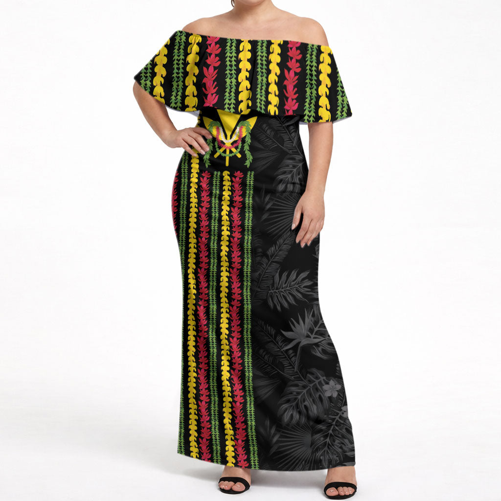 Hawaii Lei Kanaka Maoli Flag Off Shoulder Maxi Dress Tropical Vibes LT05 Women Black - Polynesian Pride
