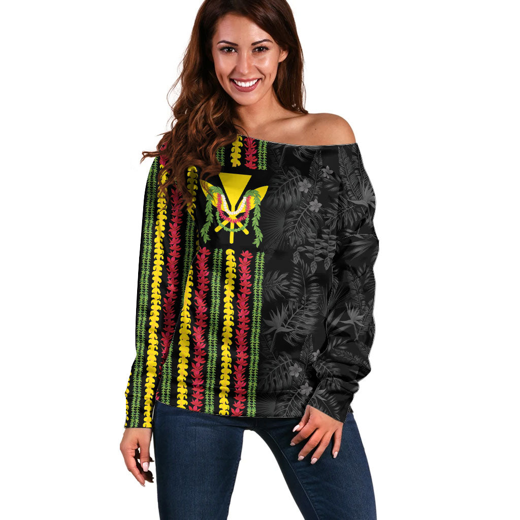 Hawaii Lei Kanaka Maoli Flag Off Shoulder Sweater Tropical Vibes LT05 Women Black - Polynesian Pride