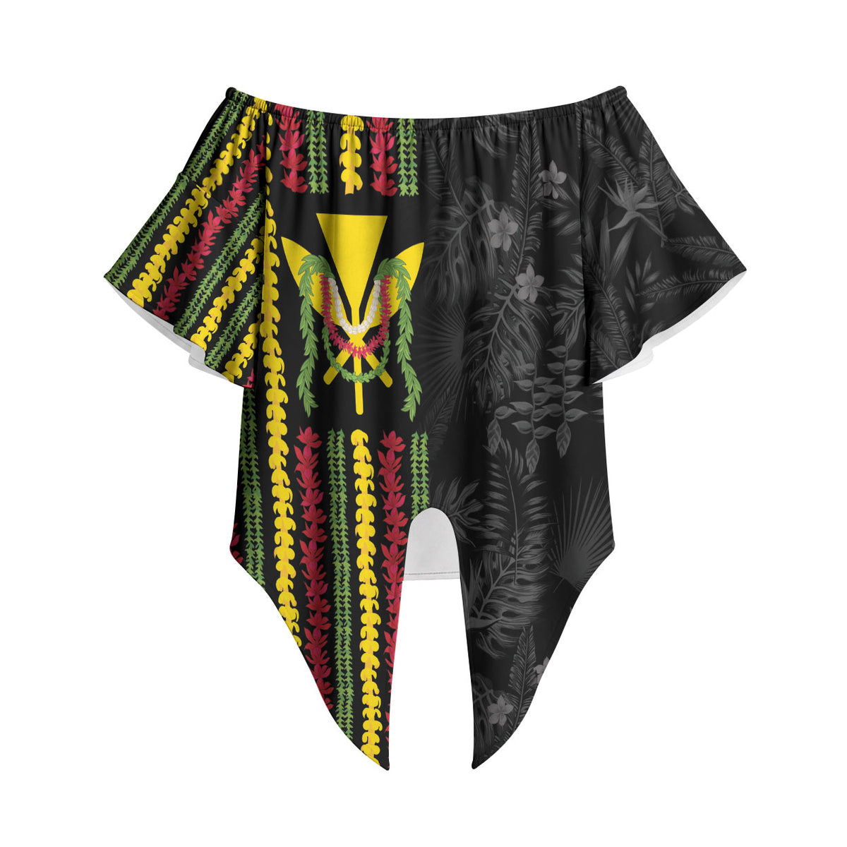 Hawaii Lei Kanaka Maoli Flag Off Shoulder Wrap Waist Top Tropical Vibes LT05 Black - Polynesian Pride
