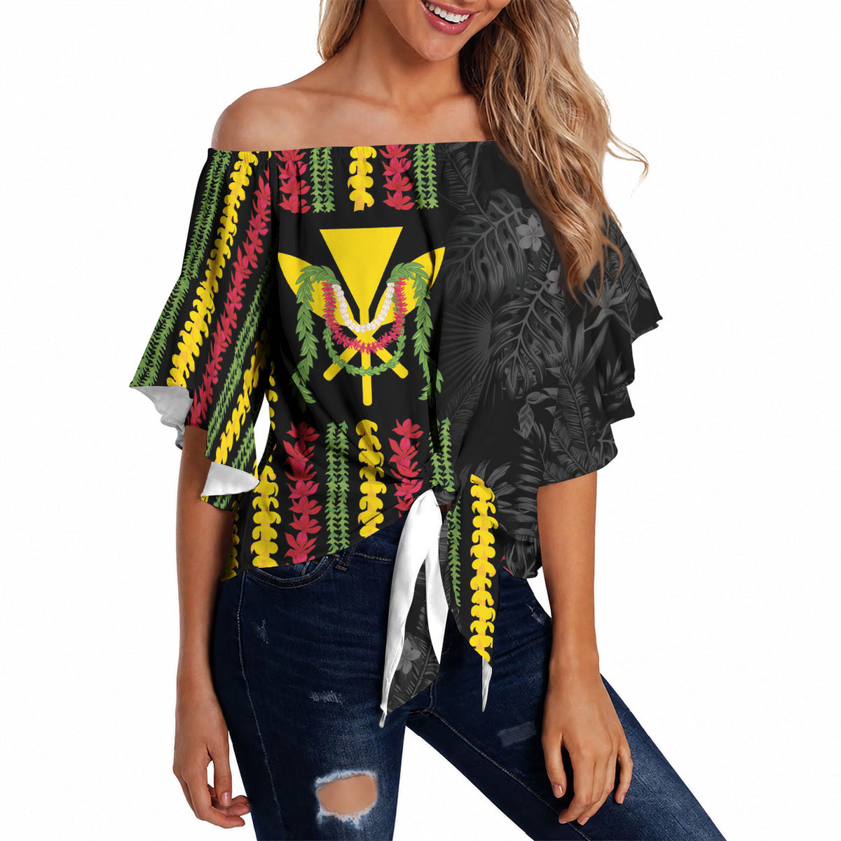 Hawaii Lei Kanaka Maoli Flag Off Shoulder Wrap Waist Top Tropical Vibes LT05 - Polynesian Pride
