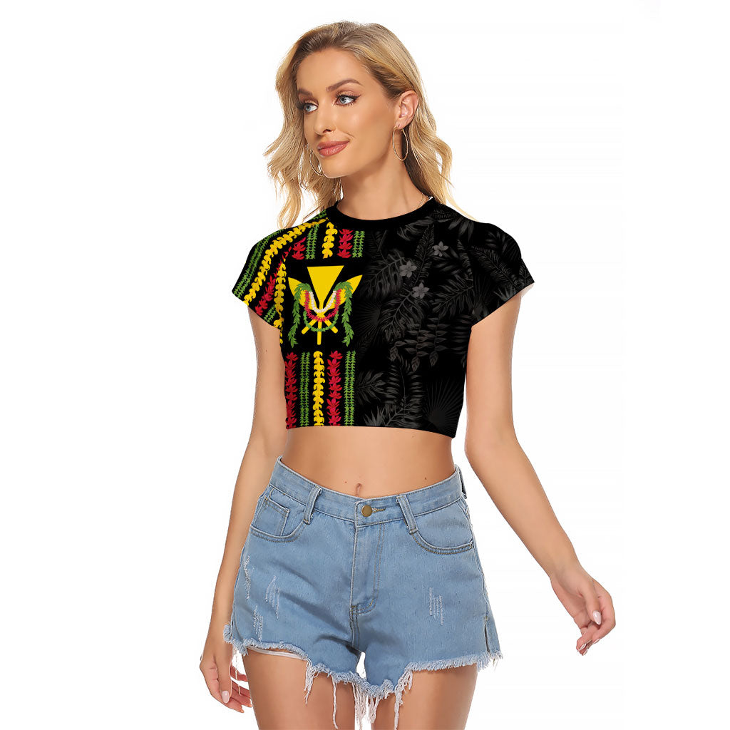 Hawaii Lei Kanaka Maoli Flag Raglan Cropped T Shirt Tropical Vibes LT05 Female Black - Polynesian Pride