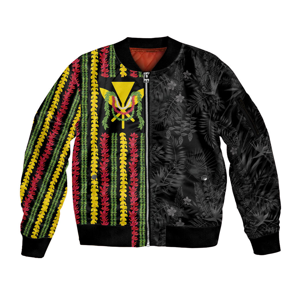 Hawaii Lei Kanaka Maoli Flag Sleeve Zip Bomber Jacket Tropical Vibes LT05 Unisex Black - Polynesian Pride