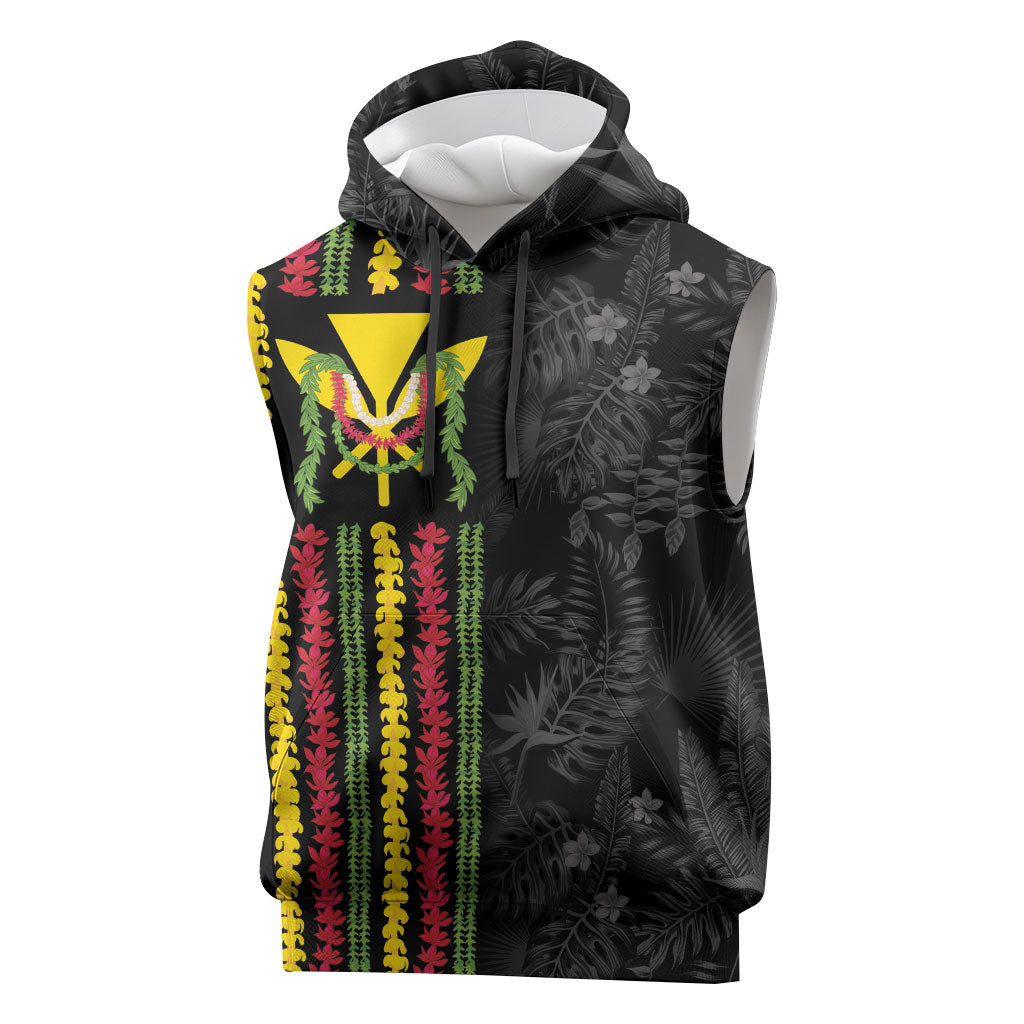Hawaii Lei Kanaka Maoli Flag Sleeveless Hoodie Tropical Vibes LT05 Black - Polynesian Pride