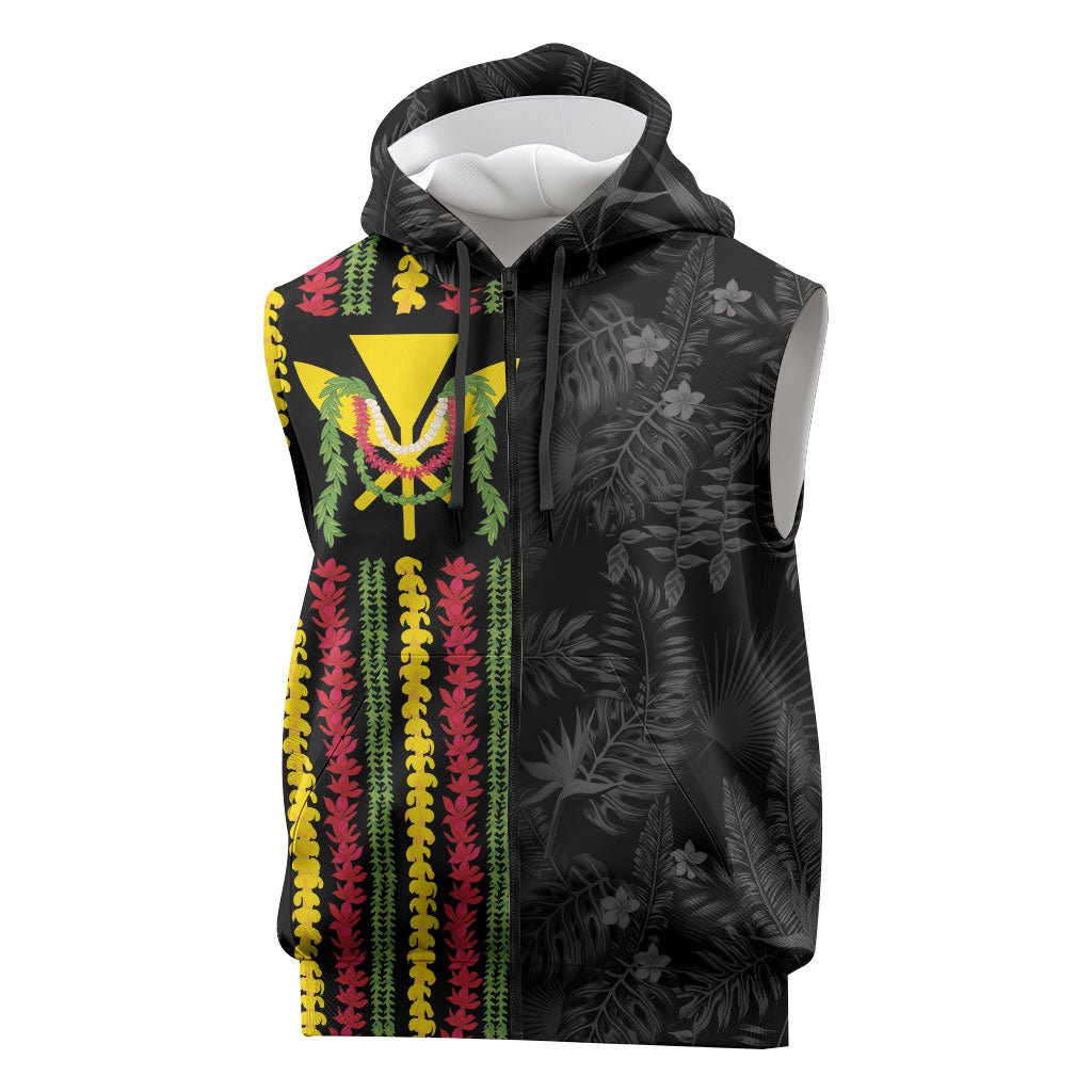 Hawaii Lei Kanaka Maoli Flag Sleeveless Zip Hoodie Tropical Vibes LT05 Black - Polynesian Pride