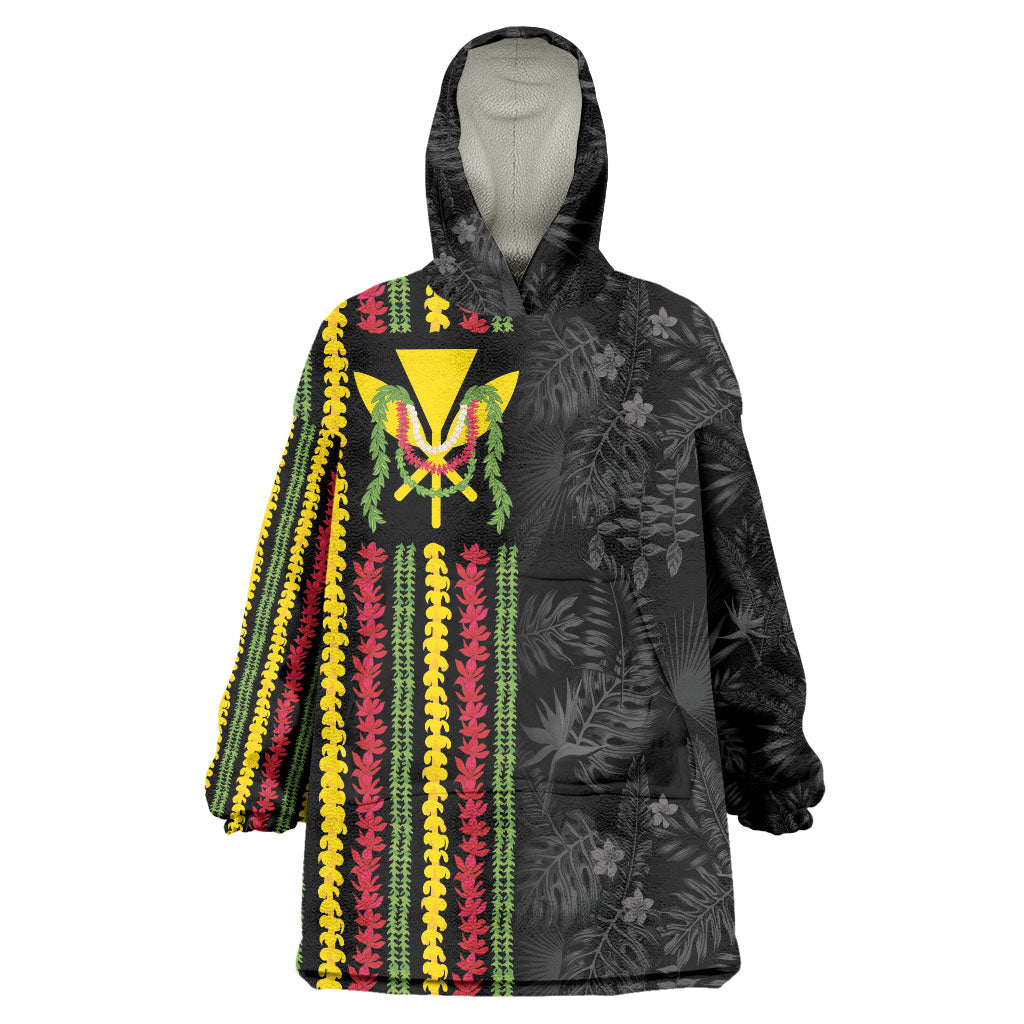 Hawaii Lei Kanaka Maoli Flag Wearable Blanket Hoodie Tropical Vibes LT05 One Size Black - Polynesian Pride