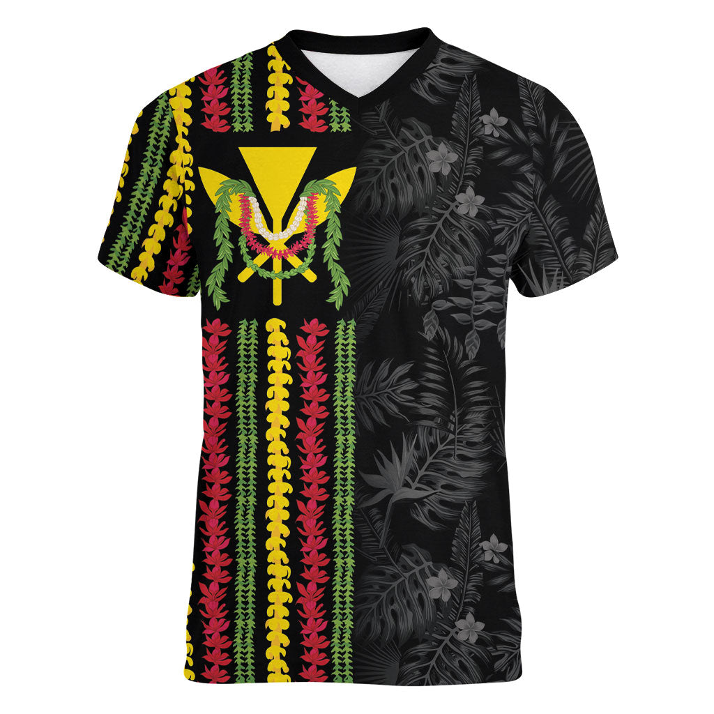 Hawaii Lei Kanaka Maoli Flag Women V-Neck T-Shirt Tropical Vibes LT05 Female Black - Polynesian Pride