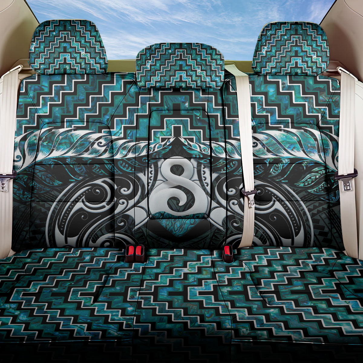 New Zealand Maori Back Car Seat Cover Poutama Pikorua - Single Twist Paua Shell LT05 One Size Turquoise - Polynesian Pride
