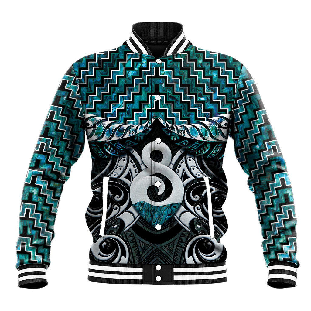 New Zealand Maori Baseball Jacket Poutama Pikorua - Single Twist Paua Shell LT05 Unisex Turquoise - Polynesian Pride