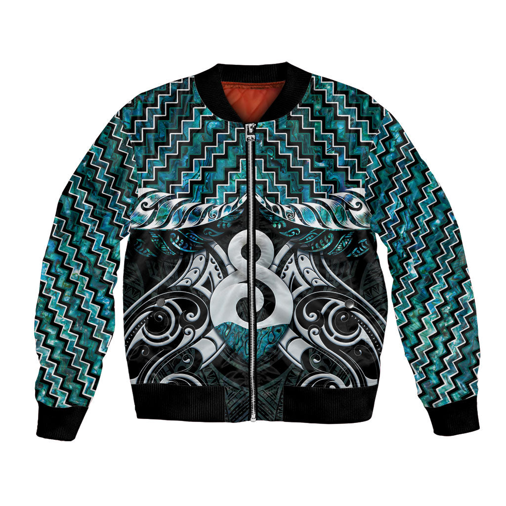New Zealand Maori Bomber Jacket Poutama Pikorua - Single Twist Paua Shell LT05 Unisex Turquoise - Polynesian Pride