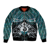New Zealand Maori Bomber Jacket Poutama Pikorua - Single Twist Paua Shell LT05 Unisex Turquoise - Polynesian Pride