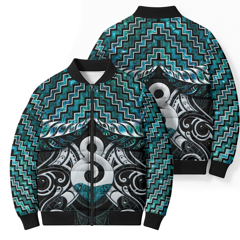 New Zealand Maori Bomber Puffer Jacket Poutama Pikorua - Single Twist Paua Shell LT05 - Polynesian Pride
