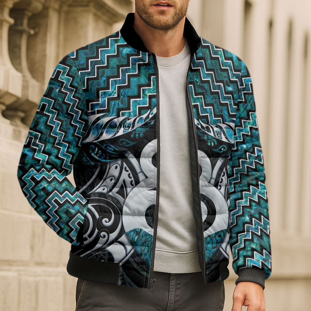 New Zealand Maori Bomber Puffer Jacket Poutama Pikorua - Single Twist Paua Shell LT05 - Polynesian Pride