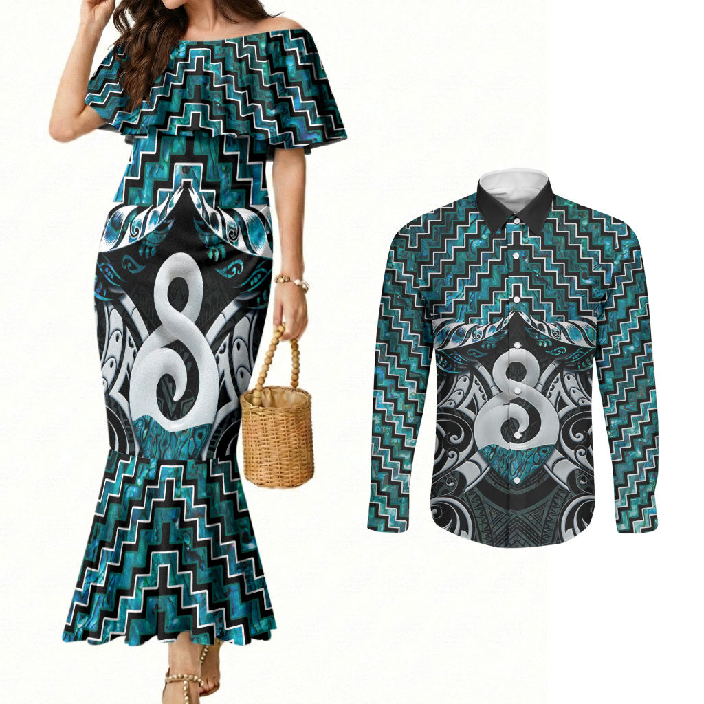 New Zealand Maori Couples Matching Mermaid Dress and Long Sleeve Button Shirt Poutama Pikorua - Single Twist Paua Shell LT05 Turquoise - Polynesian Pride