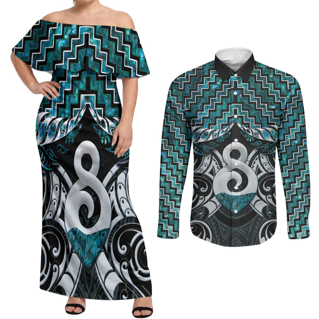 New Zealand Maori Couples Matching Off Shoulder Maxi Dress and Long Sleeve Button Shirt Poutama Pikorua - Single Twist Paua Shell LT05 Turquoise - Polynesian Pride