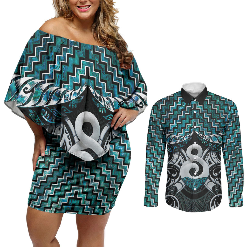 New Zealand Maori Couples Matching Off Shoulder Short Dress and Long Sleeve Button Shirt Poutama Pikorua - Single Twist Paua Shell LT05 Turquoise - Polynesian Pride