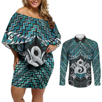 New Zealand Maori Couples Matching Off Shoulder Short Dress and Long Sleeve Button Shirt Poutama Pikorua - Single Twist Paua Shell LT05 Turquoise - Polynesian Pride