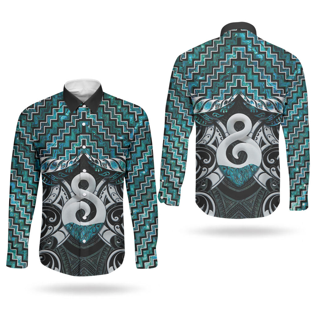 New Zealand Maori Couples Matching Off Shoulder Short Dress and Long Sleeve Button Shirt Poutama Pikorua - Single Twist Paua Shell LT05 - Polynesian Pride