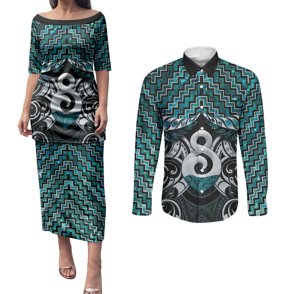 New Zealand Maori Couples Matching Puletasi and Long Sleeve Button Shirt Poutama Pikorua - Single Twist Paua Shell LT05 Turquoise - Polynesian Pride