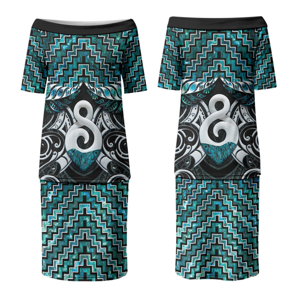 New Zealand Maori Couples Matching Puletasi and Long Sleeve Button Shirt Poutama Pikorua - Single Twist Paua Shell LT05 - Polynesian Pride