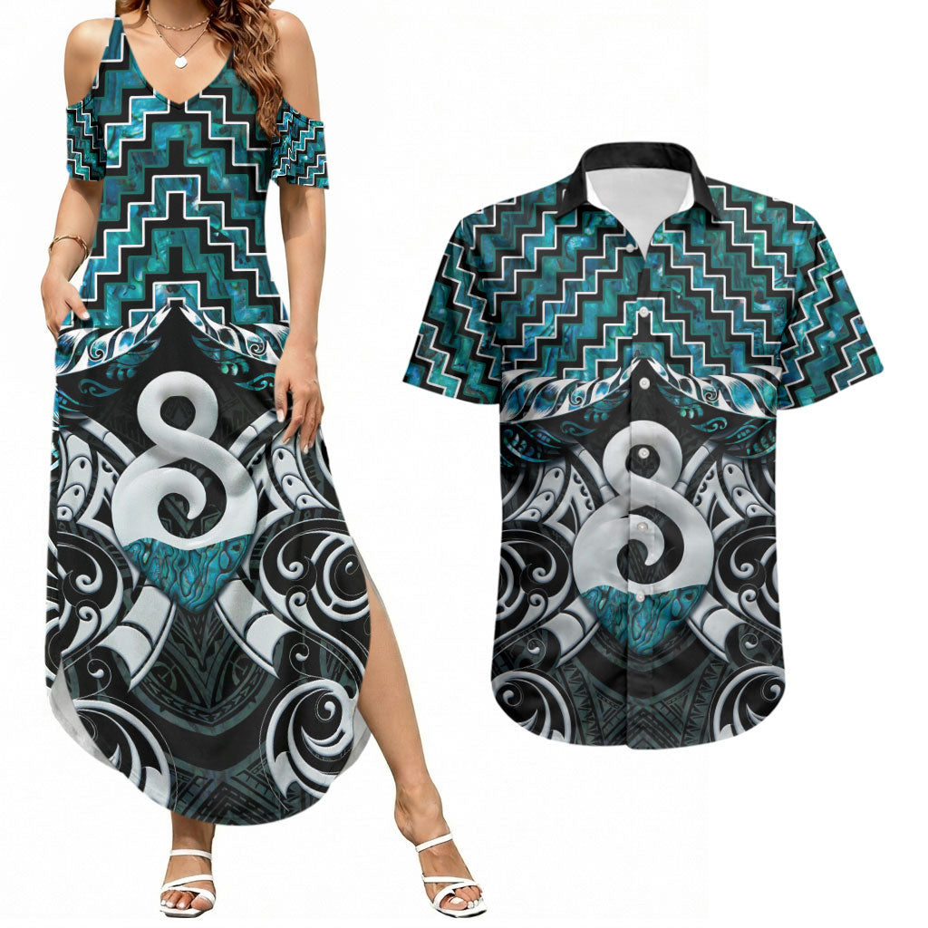 New Zealand Maori Couples Matching Summer Maxi Dress and Hawaiian Shirt Poutama Pikorua - Single Twist Paua Shell LT05 Turquoise - Polynesian Pride