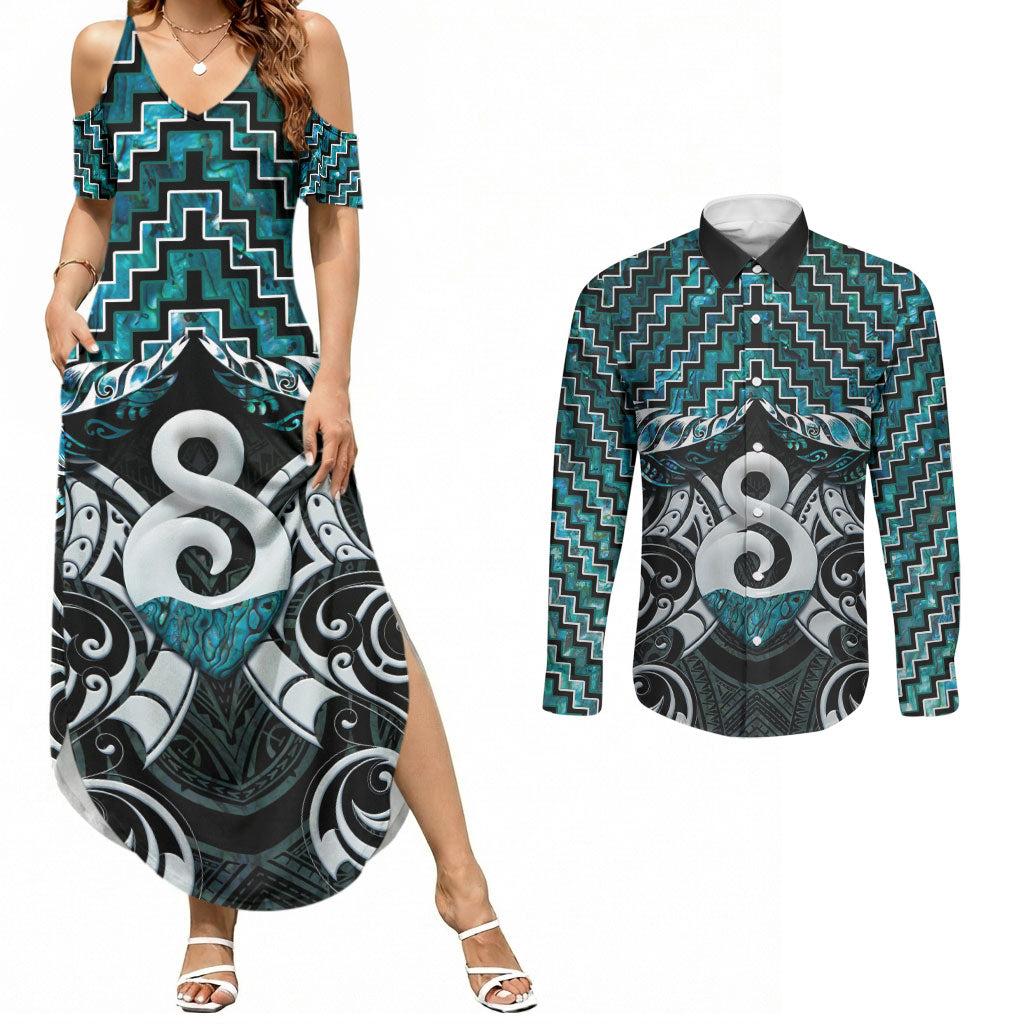 New Zealand Maori Couples Matching Summer Maxi Dress and Long Sleeve Button Shirt Poutama Pikorua - Single Twist Paua Shell LT05 Turquoise - Polynesian Pride