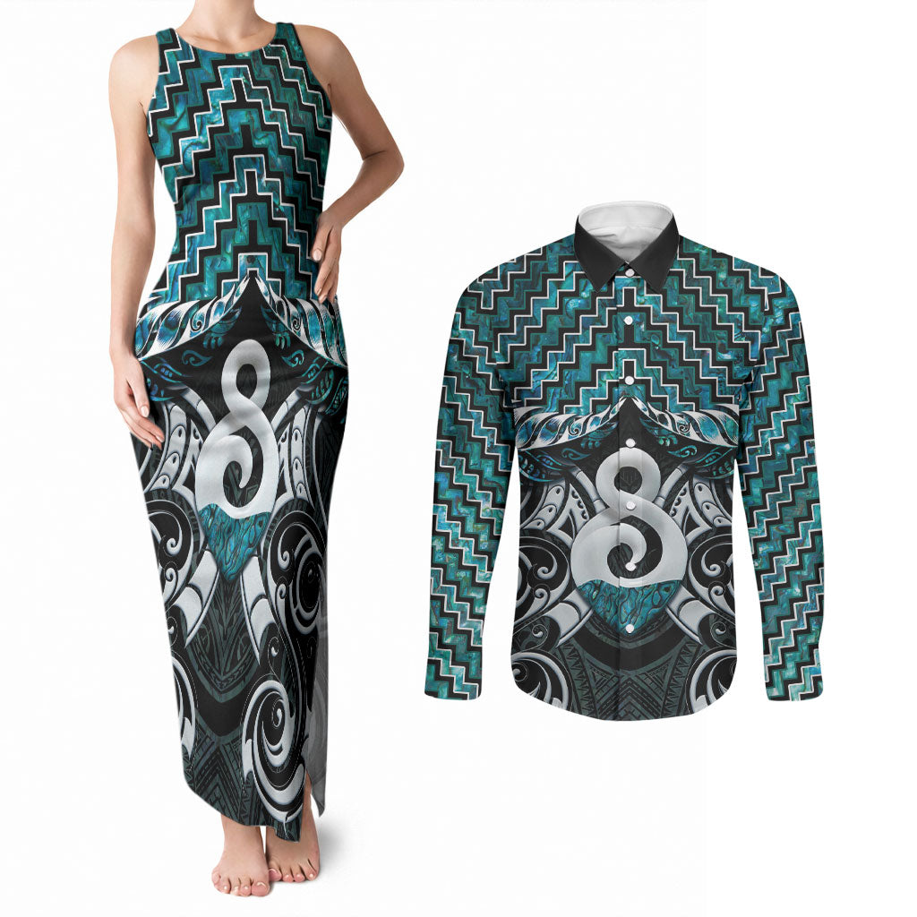 New Zealand Maori Couples Matching Tank Maxi Dress and Long Sleeve Button Shirt Poutama Pikorua - Single Twist Paua Shell LT05 Turquoise - Polynesian Pride