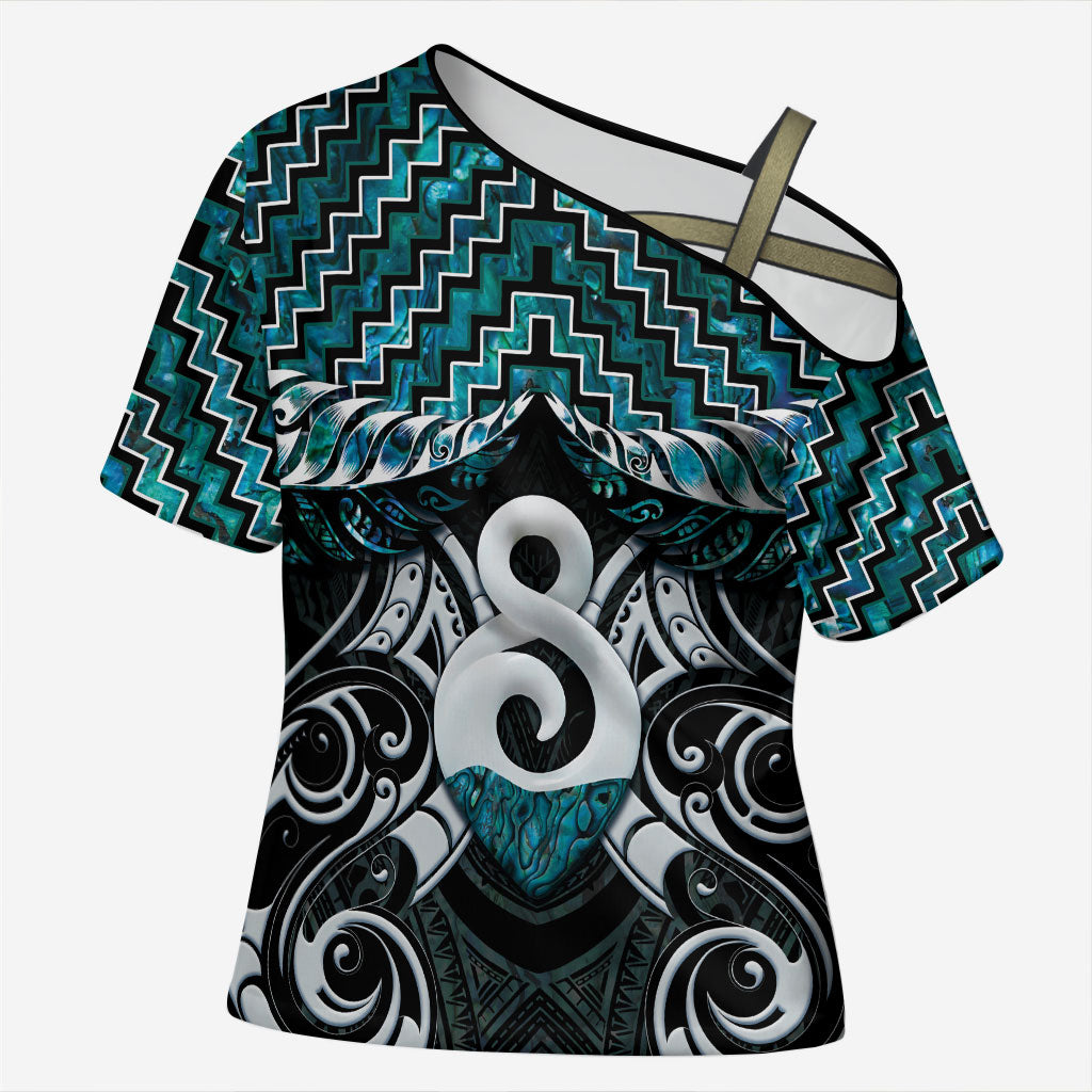 New Zealand Maori Cross Shoulder Shirt Poutama Pikorua - Single Twist Paua Shell LT05 Female Turquoise - Polynesian Pride