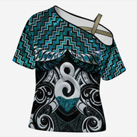New Zealand Maori Cross Shoulder Shirt Poutama Pikorua - Single Twist Paua Shell LT05 Female Turquoise - Polynesian Pride