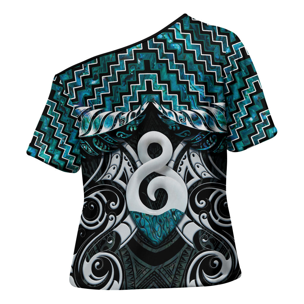 New Zealand Maori Cross Shoulder Shirt Poutama Pikorua - Single Twist Paua Shell LT05 - Polynesian Pride