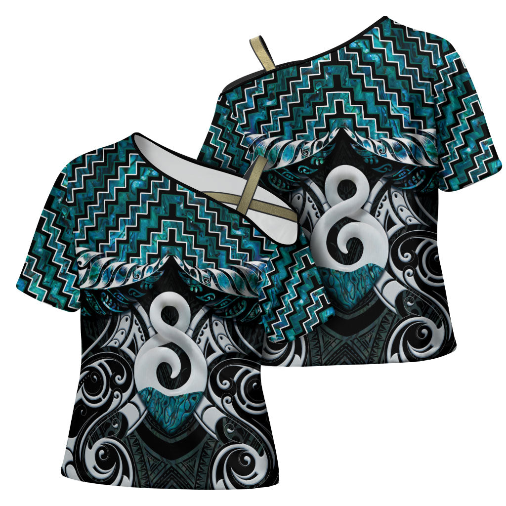 New Zealand Maori Cross Shoulder Shirt Poutama Pikorua - Single Twist Paua Shell LT05 - Polynesian Pride