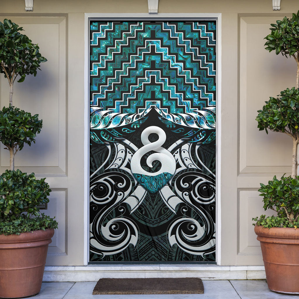 New Zealand Maori Door Cover Poutama Pikorua - Single Twist Paua Shell LT05 Turquoise - Polynesian Pride