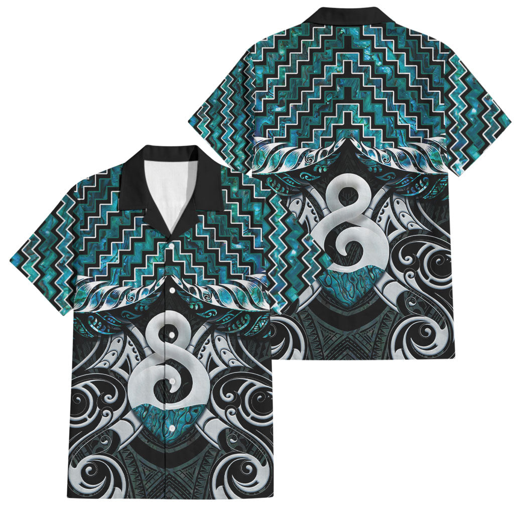 New Zealand Maori Family Matching Summer Maxi Dress and Hawaiian Shirt Poutama Pikorua - Single Twist Paua Shell LT05 Dad's Shirt - Short Sleeve Turquoise - Polynesian Pride