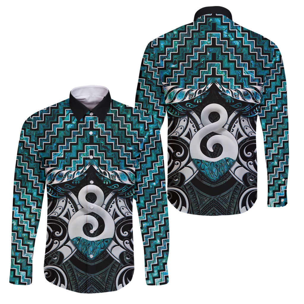 New Zealand Maori Family Matching Summer Maxi Dress and Hawaiian Shirt Poutama Pikorua - Single Twist Paua Shell LT05 Dad's Shirt - Long Sleeve Turquoise - Polynesian Pride