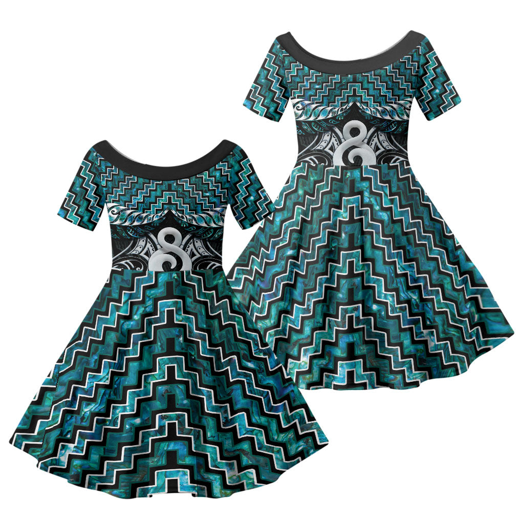 New Zealand Maori Family Matching Summer Maxi Dress and Hawaiian Shirt Poutama Pikorua - Single Twist Paua Shell LT05 Daughter's Dress Turquoise - Polynesian Pride