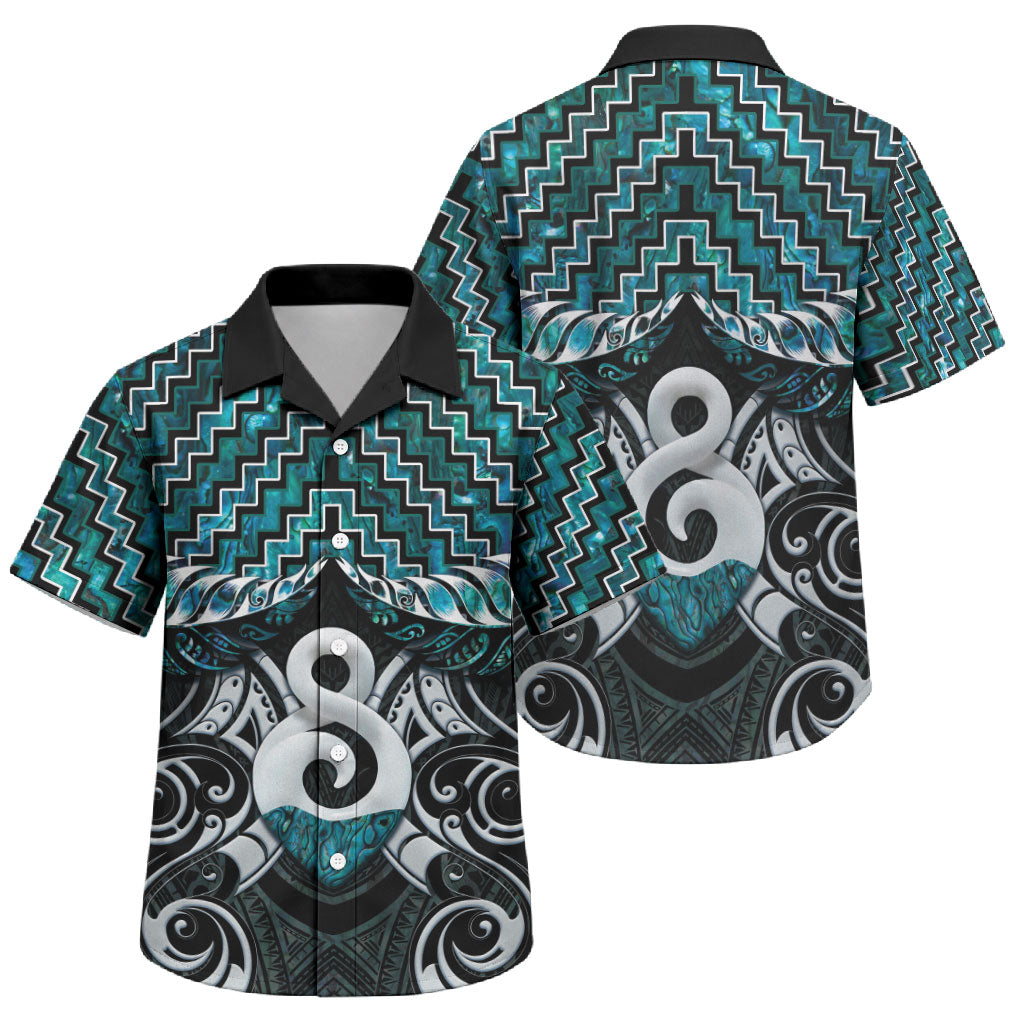 New Zealand Maori Family Matching Summer Maxi Dress and Hawaiian Shirt Poutama Pikorua - Single Twist Paua Shell LT05 Son's Shirt Turquoise - Polynesian Pride