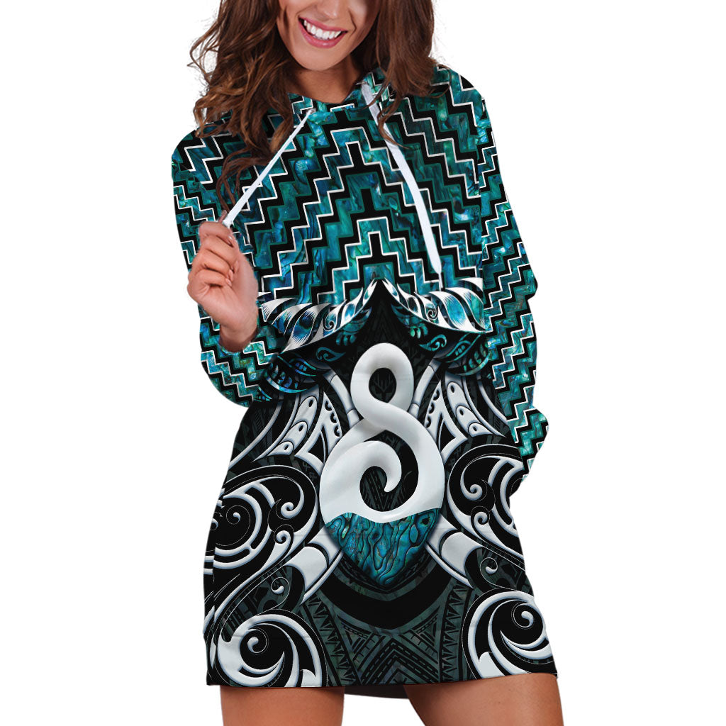 New Zealand Maori Hoodie Dress Poutama Pikorua - Single Twist Paua Shell LT05 Turquoise - Polynesian Pride