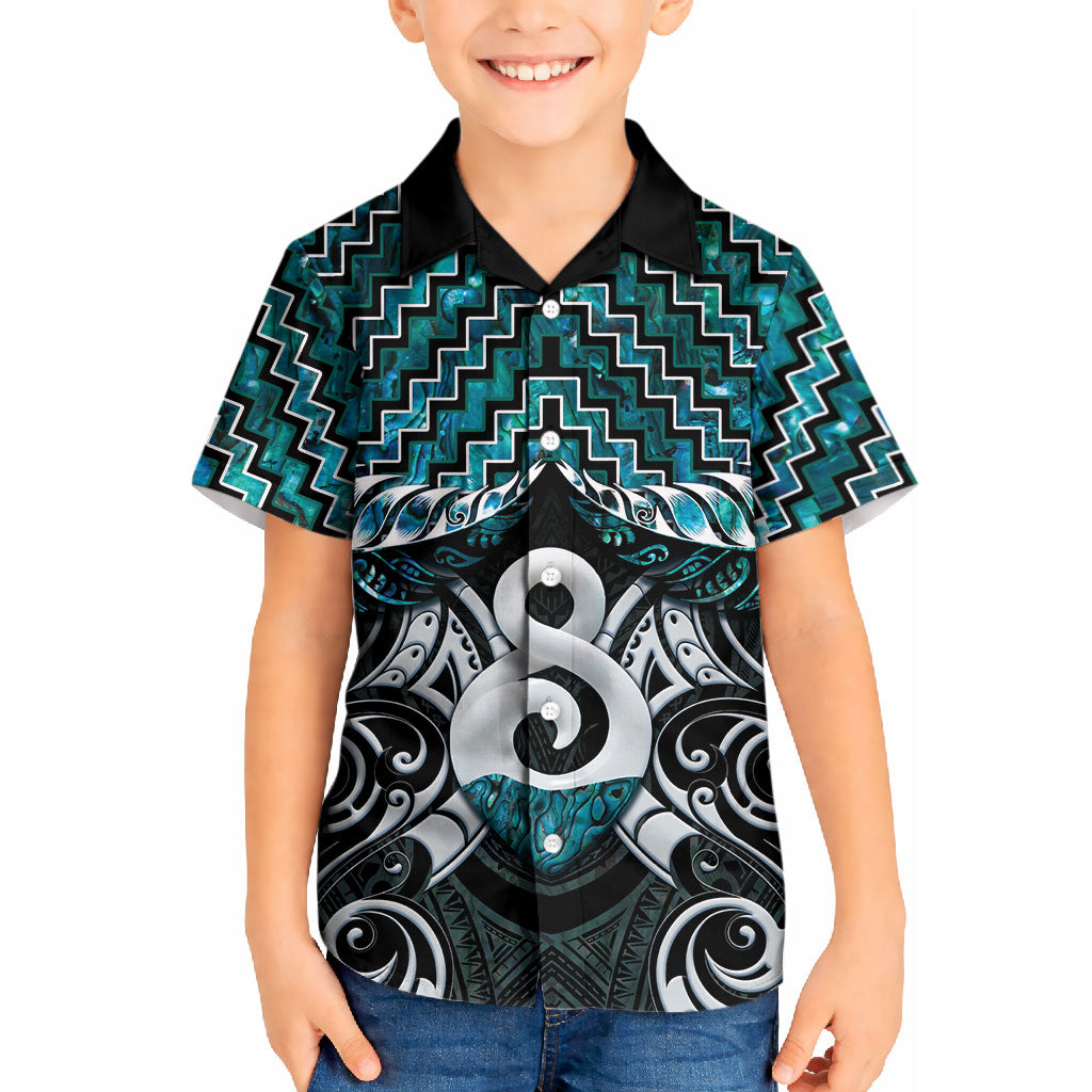 New Zealand Maori Kid Hawaiian Shirt Poutama Pikorua - Single Twist Paua Shell LT05 Kid Turquoise - Polynesian Pride