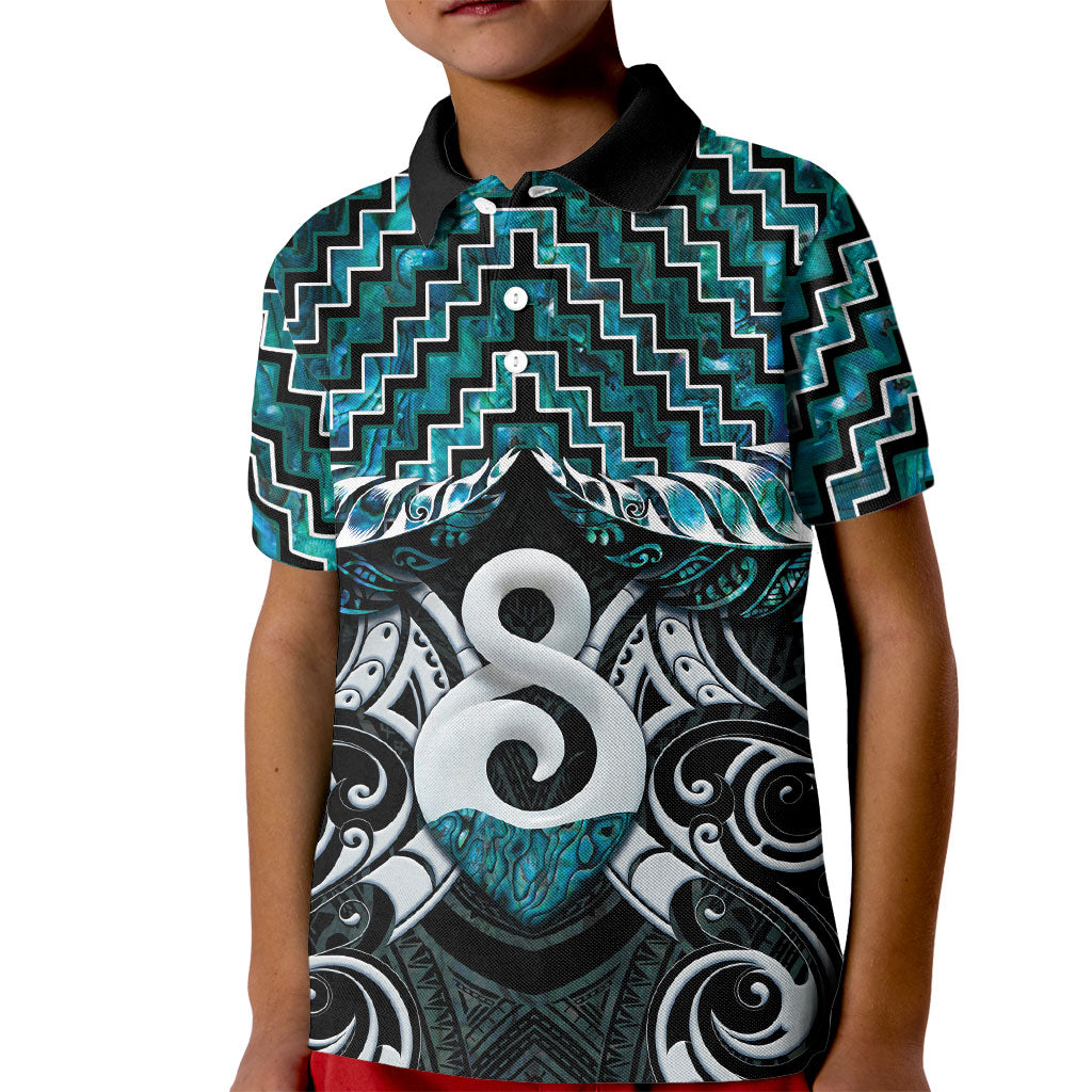 New Zealand Maori Kid Polo Shirt Poutama Pikorua - Single Twist Paua Shell LT05 Kid Turquoise - Polynesian Pride